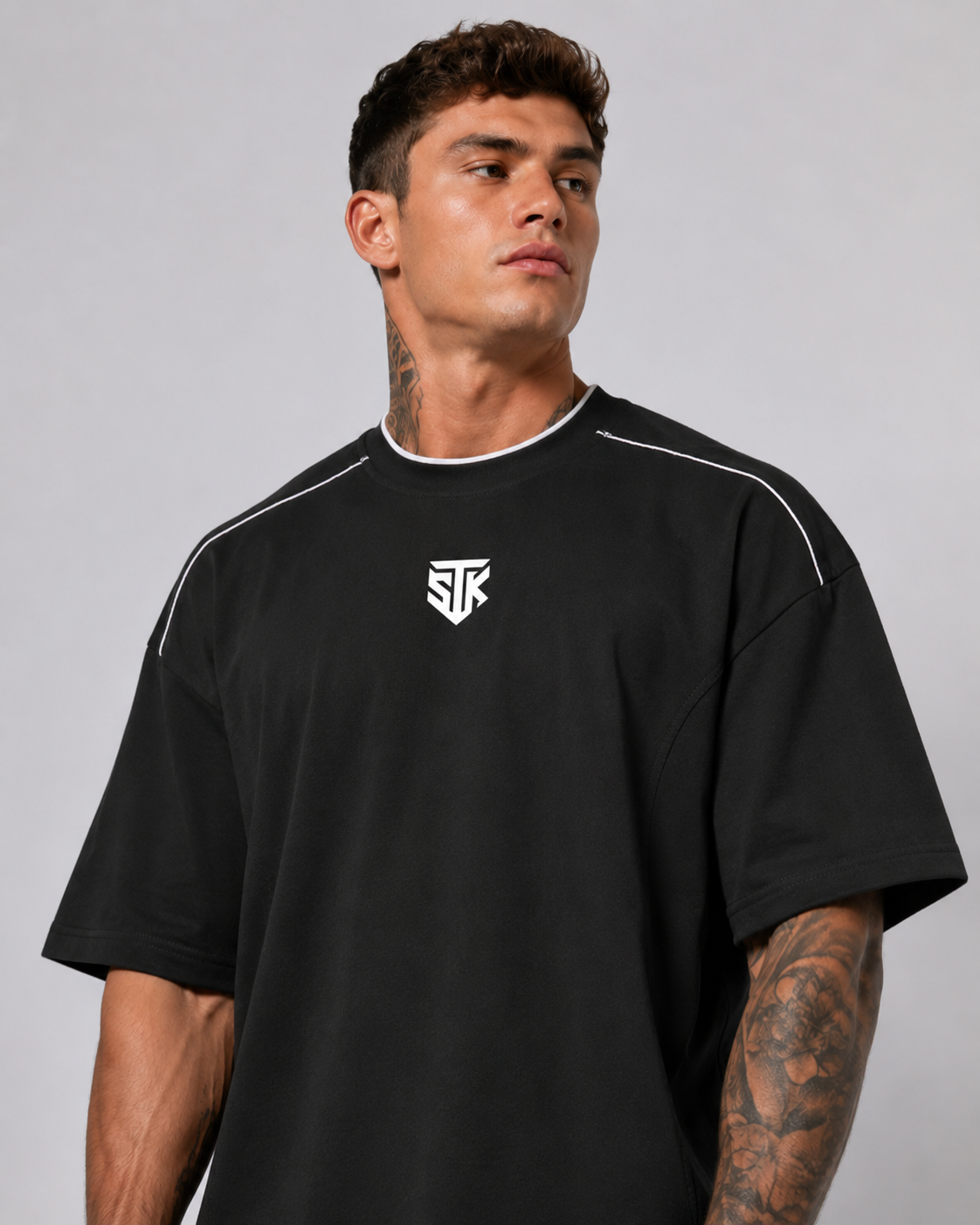 Minimalistic Dark Oversized Contrast Tape T-Shirt