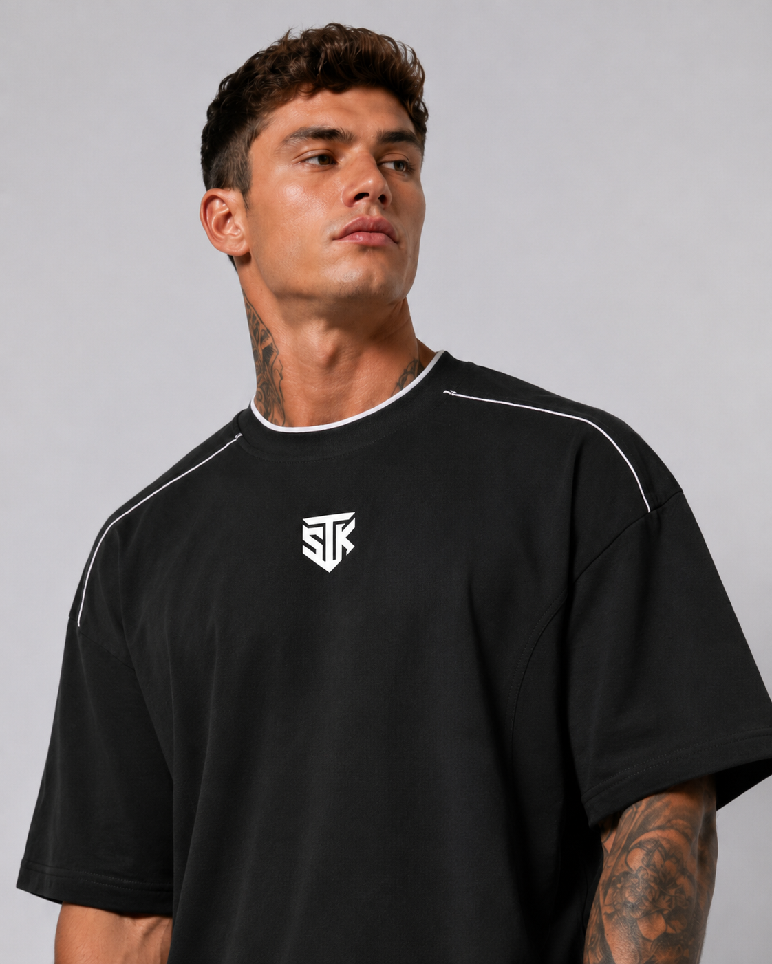 Minimalistic Dark Oversized Contrast Tape T-Shirt